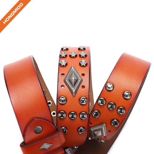 Middle Ages Retro Design Cowhide Leather Rivet Belt With Metal Pin Buckle