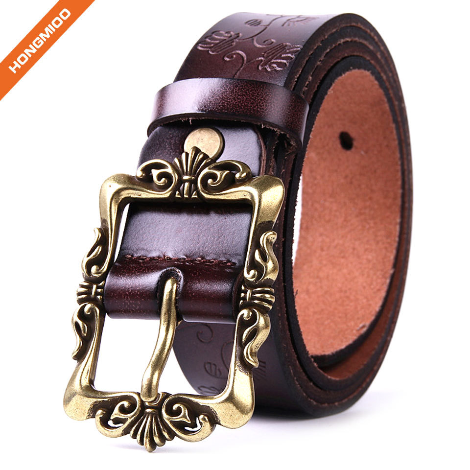 Women's Cowhide Leather Belt Pin Buckle With Flower Pat...