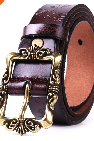Women's Cowhide Leather Belt Pin Buckle With Flower Pattern