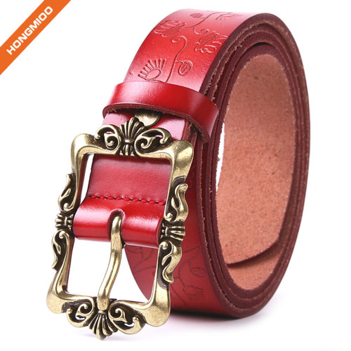 Women's Cowhide Leather Belt Pin Buckle With Flower Pattern