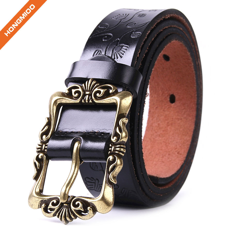 Women's Cowhide Leather Belt Pin Buckle With Flower Pat... side