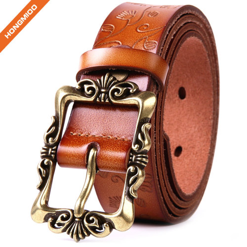 Women's Cowhide Leather Belt Pin Buckle With Flower Pattern