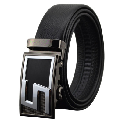 Black Alloy Sliding Automatic Buckle Full Grain Leather Leather
