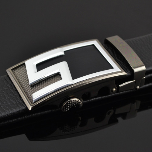 Black Alloy Sliding Automatic Buckle Full Grain Leather Leather