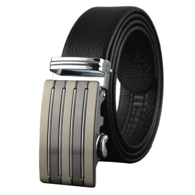 Men Designer Wide Adjustable Black Cowhide Leather Ratchet Belt