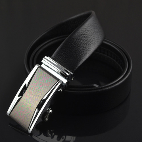 Mens Cowhide Adjustable Sliver Sliding Buckle Belt