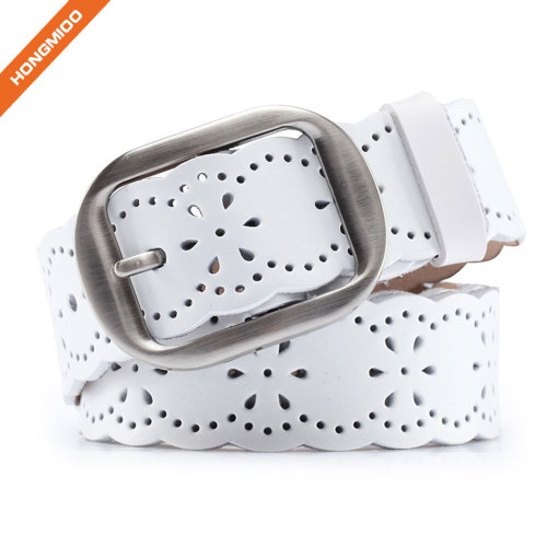 Hollow-Flower Design Lady Genuine Split Leather Double Use Pin Buckle Belt