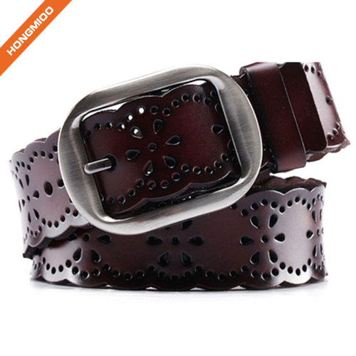 Hollow-Flower Design Lady Genuine Split Leather Double Use Pin Buckle Belt