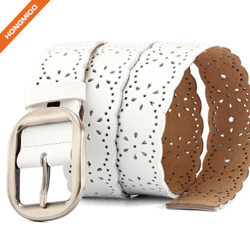 Hollow-Flower Design Lady Genuine Split Leather Double Use Pin Buckle Belt