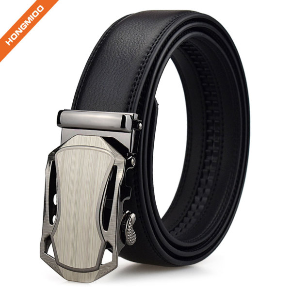 Men Faux Leather Belt With Automatic Metal Buckle Slide Ratchet Belt