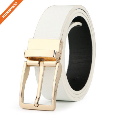 3.3cm White Full Grain Leather Reversible Buckle Belt For Male