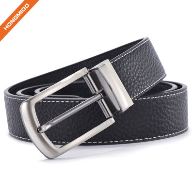 Black Reversible Pin Buckle Full Grain Leather With Stitches