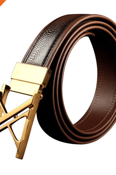 Fashion Brown Full Grain Leather Men Gold Buckle Belt