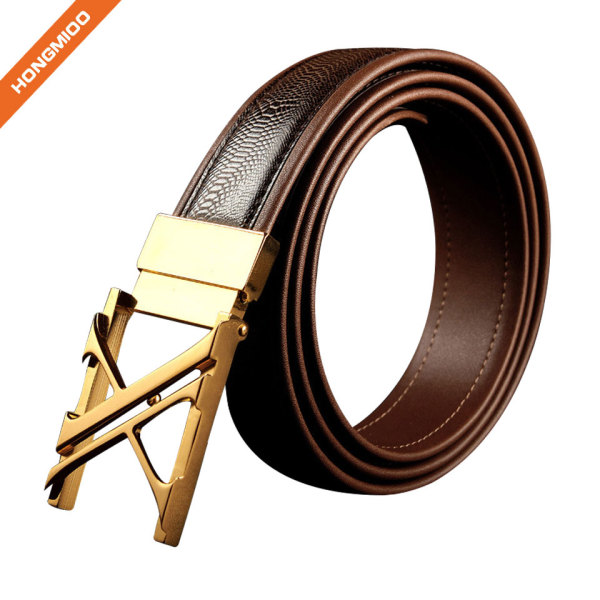 Fashion Brown Full Grain Leather Men Gold Buckle Belt