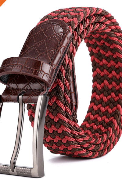 Metal Buckle Brown Inlay Elastic Braided Woven Stretch Belt
