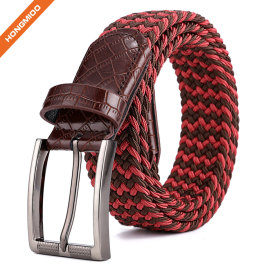Metal Buckle Brown Inlay Elastic Braided Woven Stretch Belt
