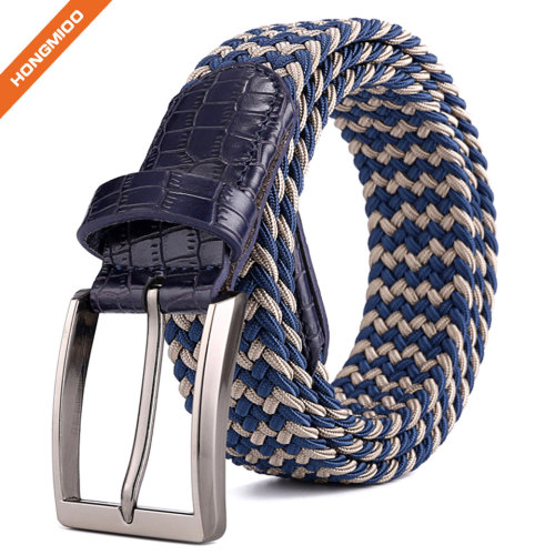 Metal Buckle Brown Inlay Elastic Braided Woven Stretch Belt