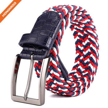 Metal Buckle Brown Inlay Elastic Braided Woven Stretch Belt