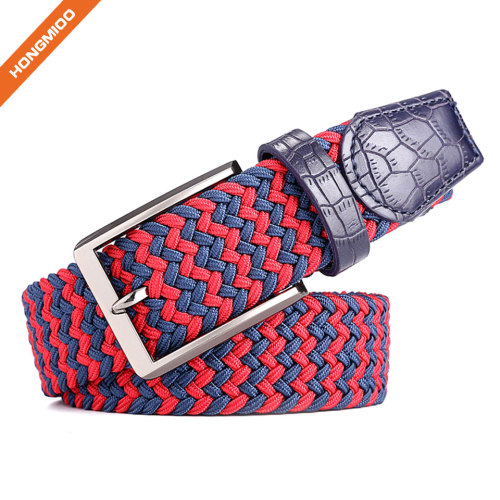 Metal Buckle Brown Inlay Elastic Braided Woven Stretch Belt