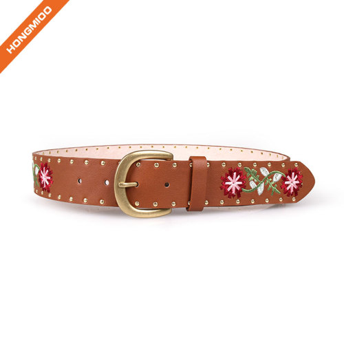 Ethnic Style Pu Embroidery Retro Belt With Rivets