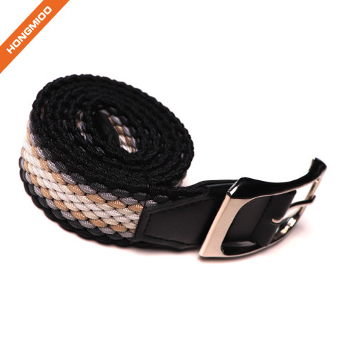 Braided Woven Elastic Stretch Belt With Matching Prong Buckle With Leather Ends