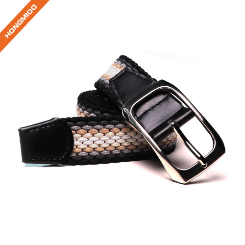 Braided Woven Elastic Stretch Belt With Matching Prong Buckle With Leather Ends