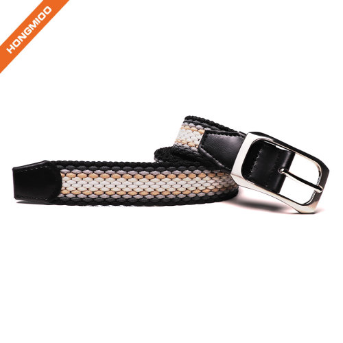 Braided Woven Elastic Stretch Belt With Matching Prong Buckle With Leather Ends