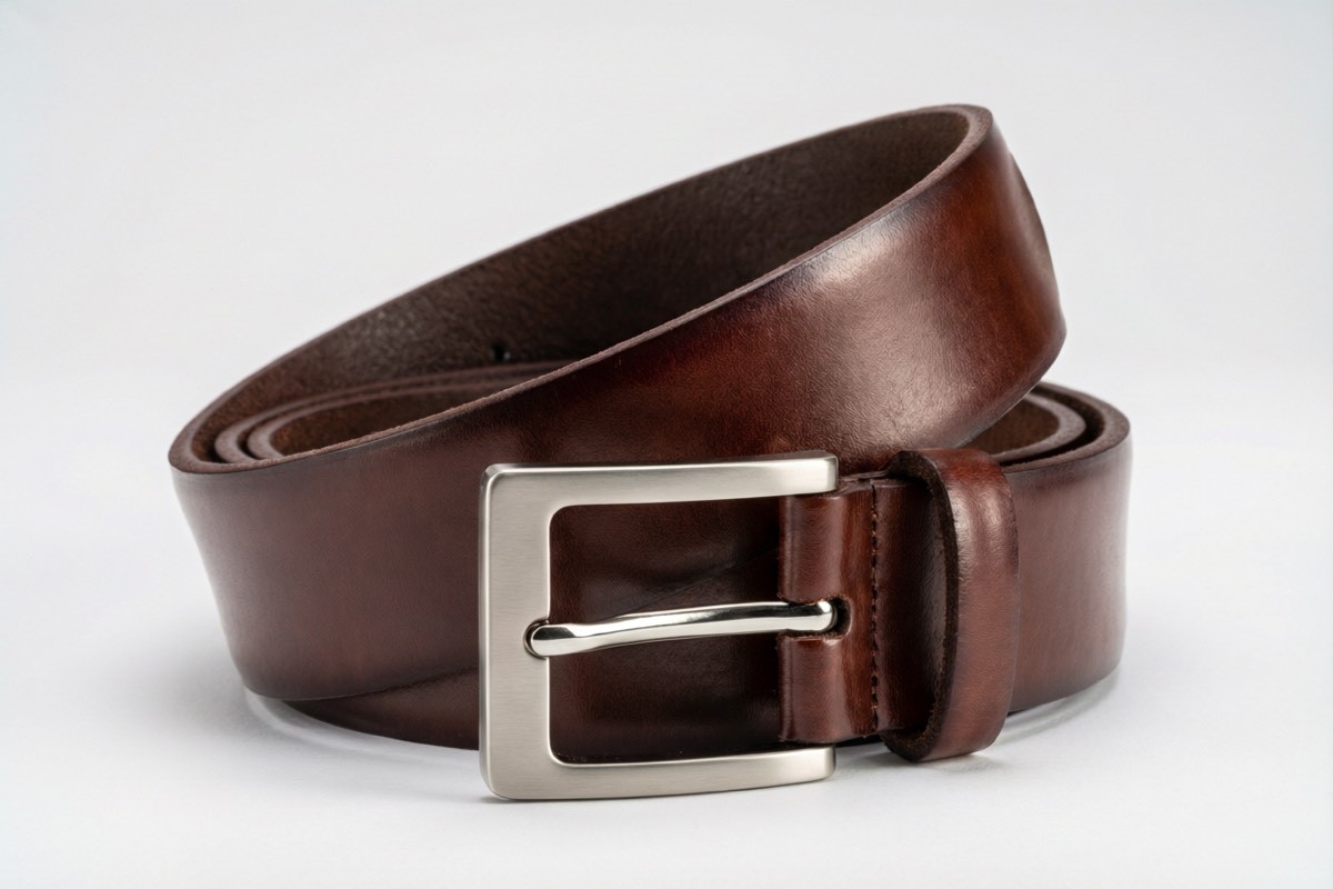 Person wearing a leather belt as part of a stylish fashion outfit
