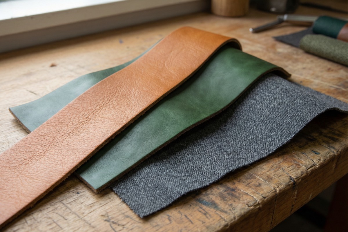 Sustainable fabric and leather material samples for belt manufacturing