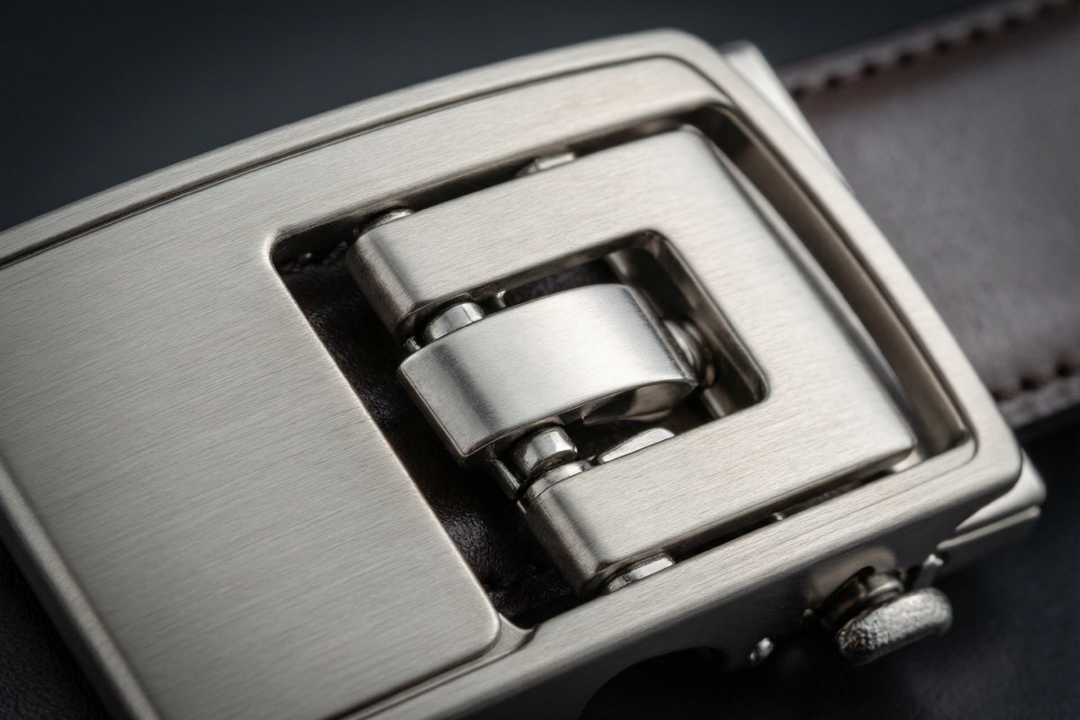 Close-up of a modern belt buckle with precision metal finishing