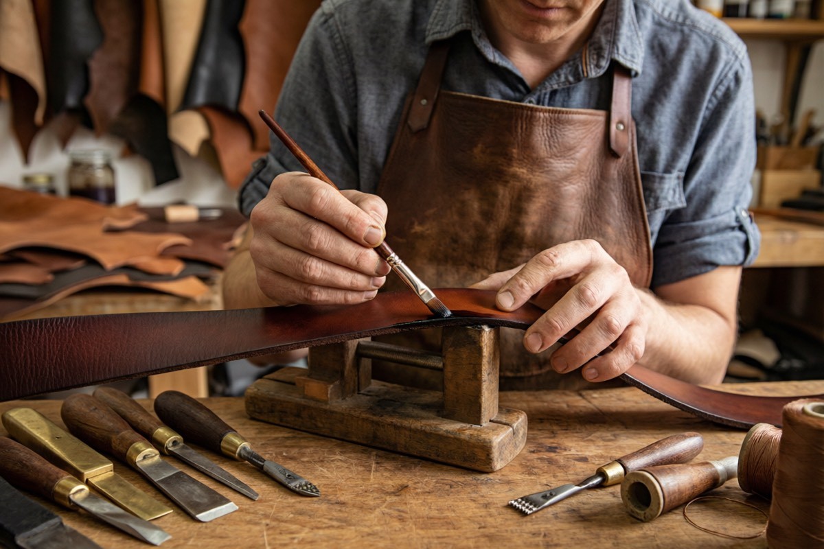 Artisan belt maker working on custom leather belt crafting