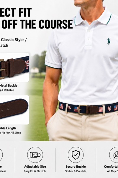 Custom USA Flag Letters Needlepoint Golf Belt with Bark-Tanned Cow Leather and Solid Copper Buckle - OEM/ODM Small MOQ Handmade Golf Belts