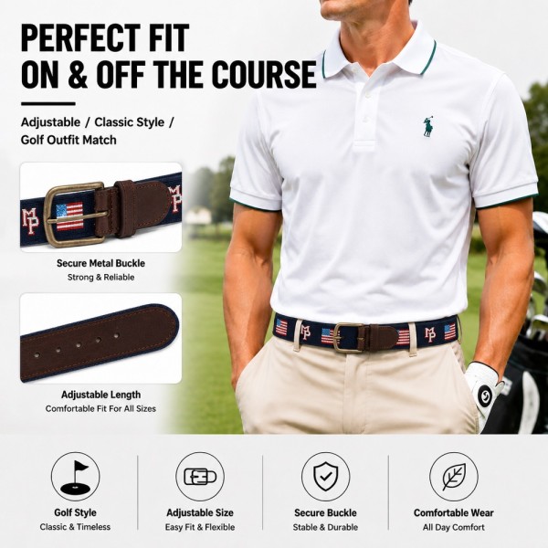 Custom USA Flag Letters Needlepoint Golf Belt with Bark-Tanned Cow Leather and Solid Copper Buckle - OEM/ODM Small MOQ Handmade Golf Belts