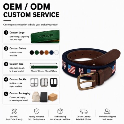 Custom Needlepoint Golf Belt with Bark-Tanned Cow Leather - OEM/ODM Small MOQ Handmade Golf Belts