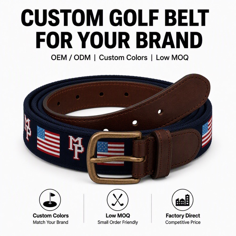 Custom USA flag letters needlepoint golf belt with bark-tanned cow leather strap and solid copper buckle