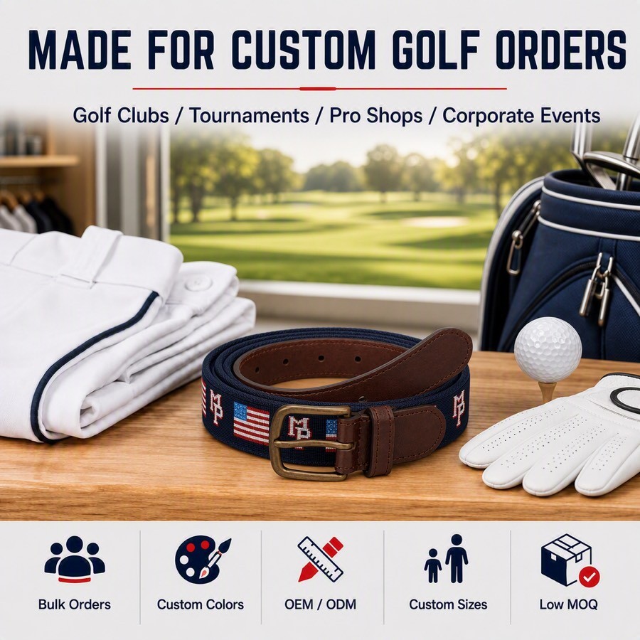 USA flag letters needlepoint pattern close-up on custom golf belt