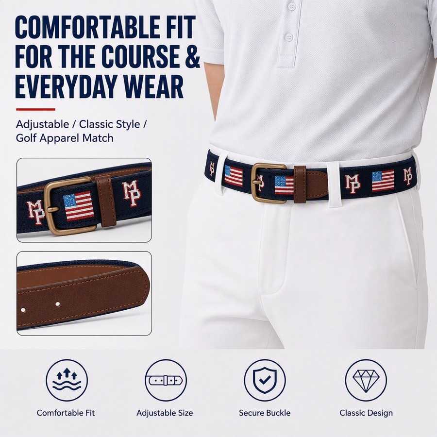 Bark-tanned cow leather strap detail of custom needlepoint golf belt