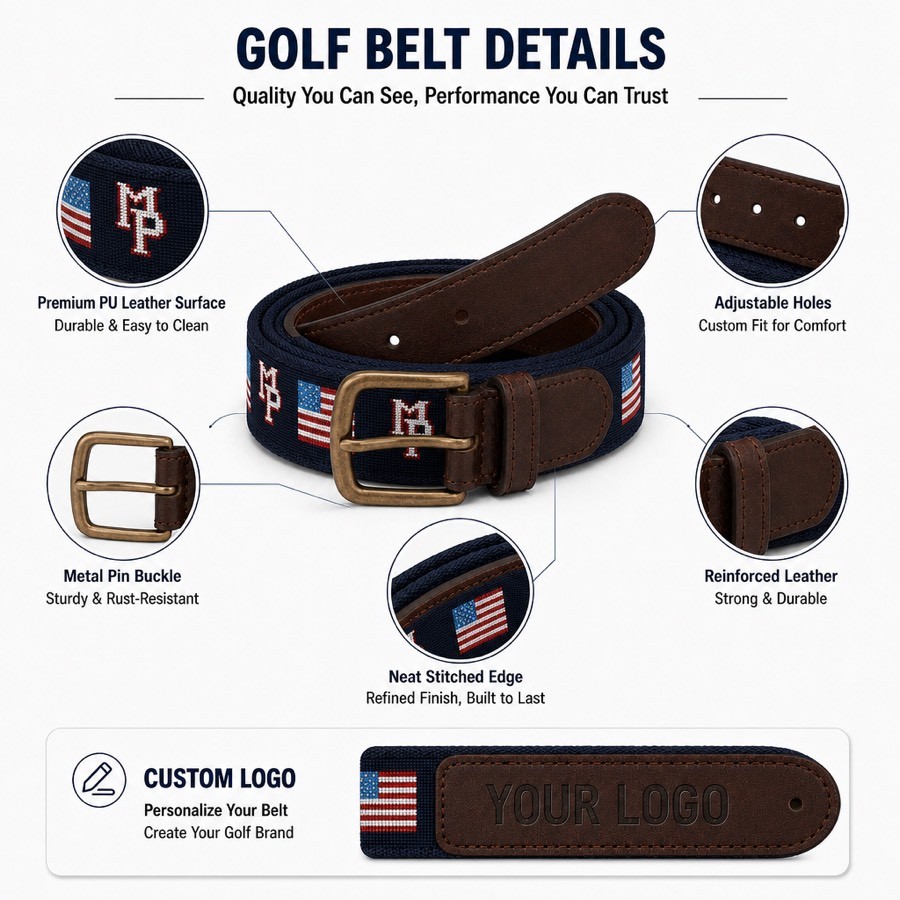 Solid copper buckle detail on USA flag needlepoint golf belt