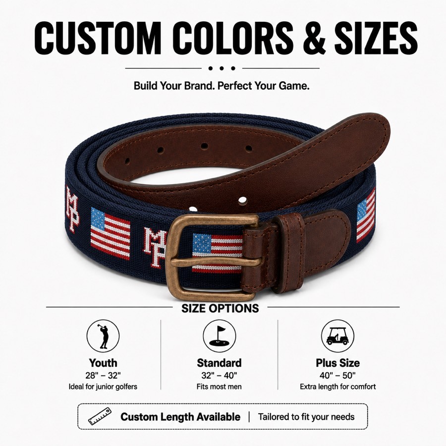 Hand needlepoint stitching and edge finishing craftsmanship on golf belt
