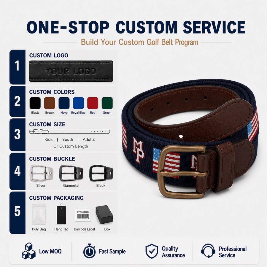 Custom length and sizing options for needlepoint golf belts
