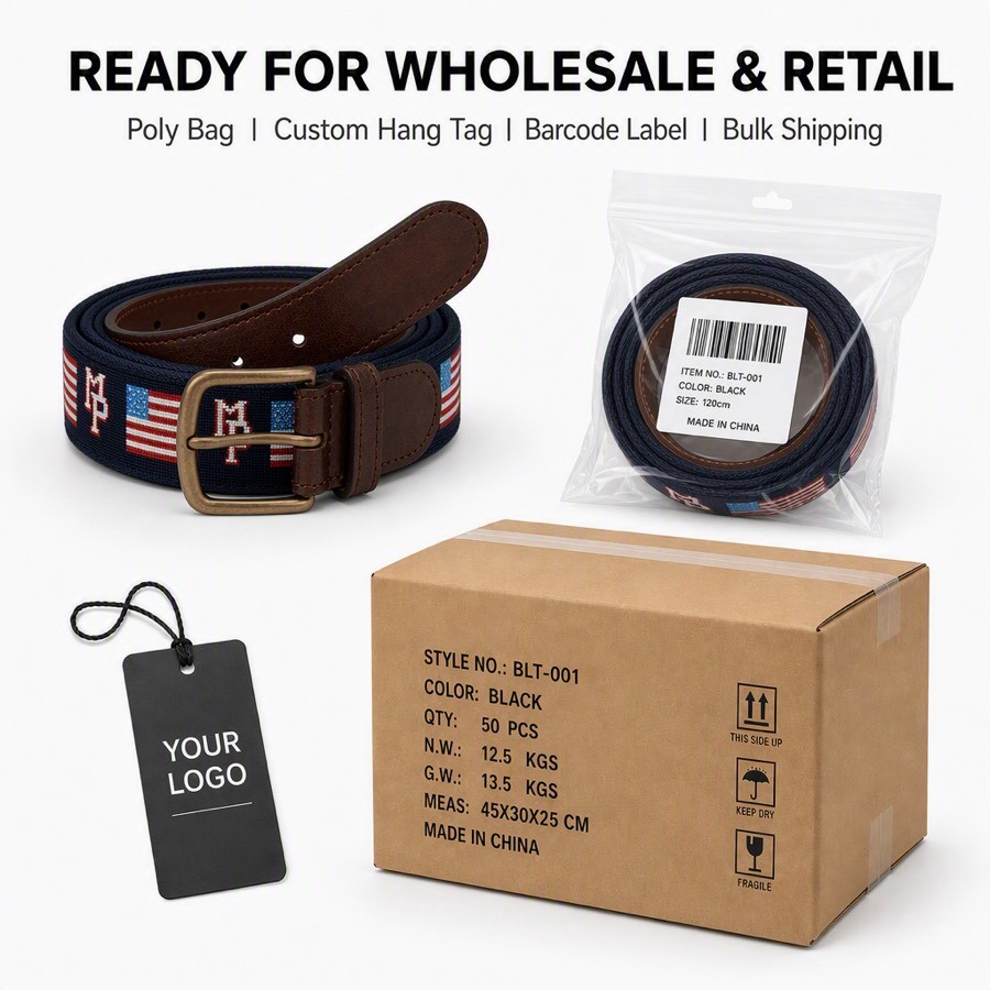Colorfast USA flag needlepoint golf belt design