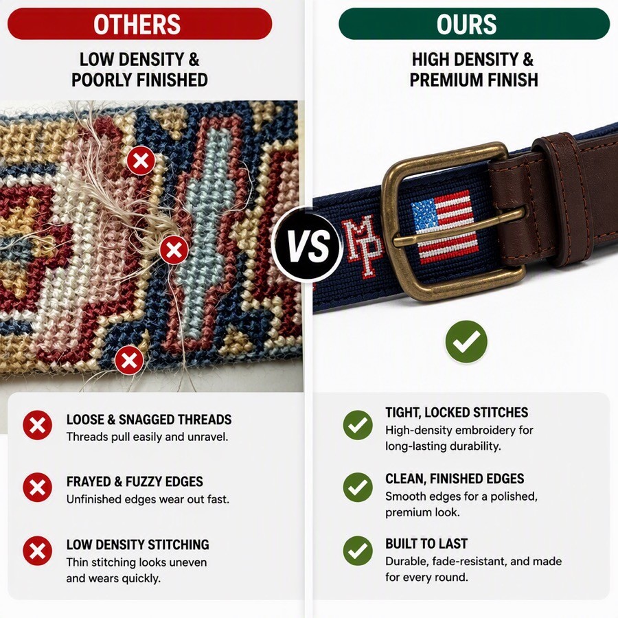 Reinforced high-density needlepoint stitching that prevents thread pulling and fraying