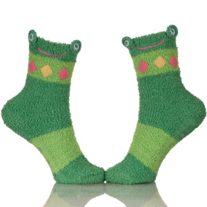 Women Super Soft Plain Cozy Animal Fuzzy Cute Green Frog Winter Socks