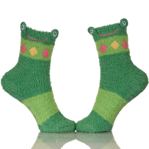 Women Super Soft Plain Cozy Animal Fuzzy Cute Green Frog Winter Socks