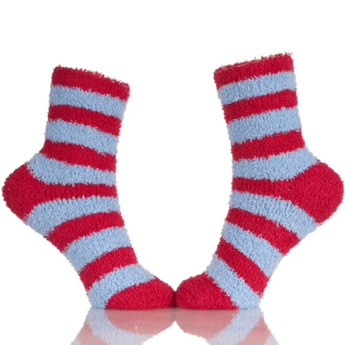 Popular Red And Blue Stripes Home Warm Fuzzy Cute Socks Girls