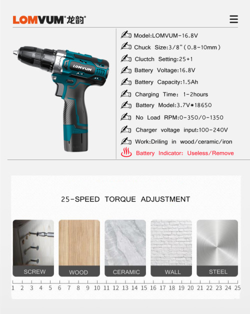 Lithium Battery Electric Drill 16.8V Cordless Power Drill with OEM battery capacity