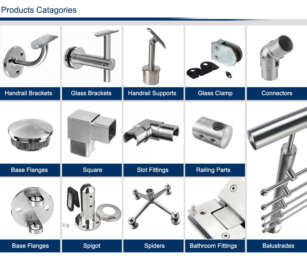 A full range of modular stainless steel railing system include handrail brackets, connectors and end caps, glass clamps and adaptors, base flanges and balustrade brackets, railing parts, u profiles and frameless railing, balusters, bathroom accessories, curtain wall spiders, high quality and competitive price