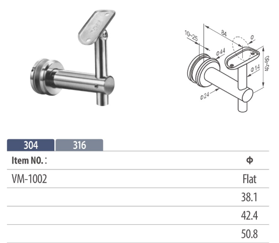 adjusatble stem balustrade handrail bracket designed for glass fixing to support flat or round stainless steel bar or wooden railing