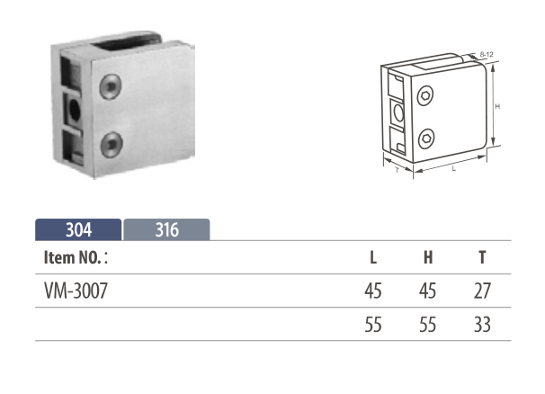 stainless square glass clamp mounting on flat surface up to 12mm glass thickness