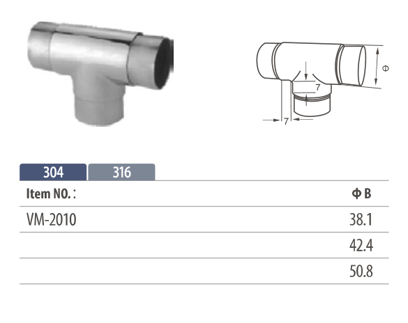 Stainless steel flush fitting tee shaped tube connector for modular handrail system